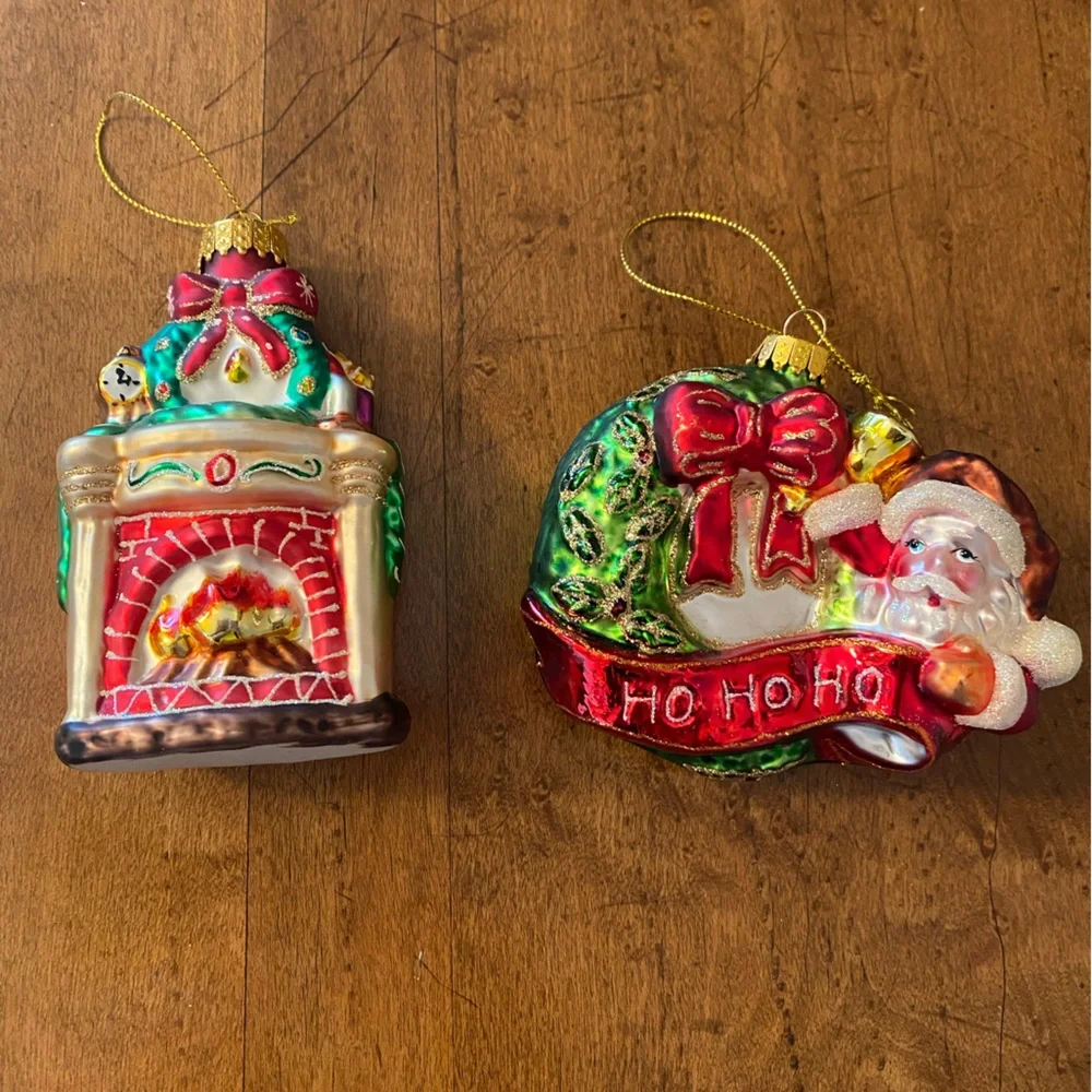 Festive Christmas Tree Ornaments Glass - Santa and Fireplace Hearth Lot of 2
